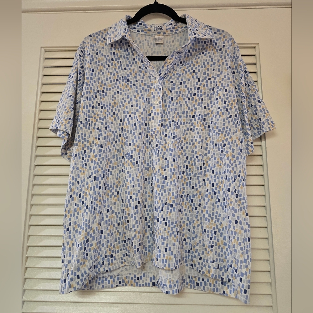 Leon Levin - Blue/White/Yellow Geometric Pattern Short-Sleeve Collar Shirt